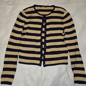 Lauren Ralph Lauren M Striped Navy Gold Metallic Button Cardigan‎ Sweater